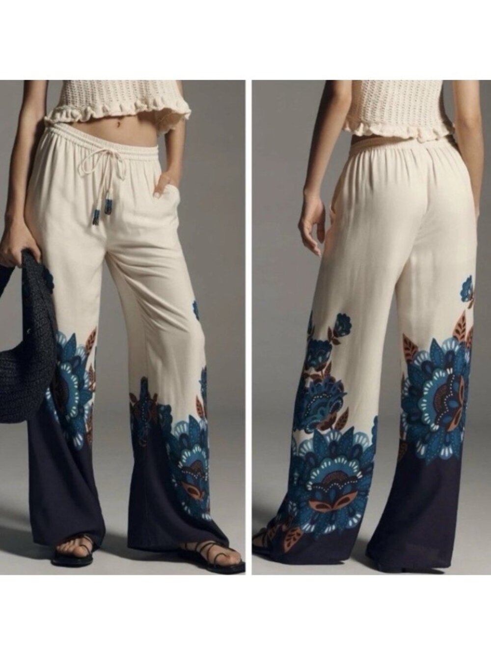 FARM RIO X Anthropologie “Martina” Blue Floral Print Pants Size Large Wide-Leg